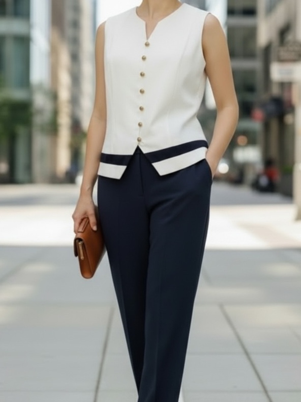Career Pant Set -Sleeveless White & Navy, Gold Buttons -Matching Navy Pants NWT